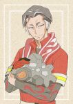  1boy closed_eyes closed_mouth commentary_request gloves grey_hair highres holding holding_pokemon kabu_(pokemon) komura_ayumi layered_sleeves long_sleeves male_focus mature_male multicolored_hair one-eyed pokemon pokemon_(creature) pokemon_sword_and_shield red_gloves red_shirt rolycoly shirt short_hair short_over_long_sleeves short_sleeves single_glove smile towel towel_around_neck two-tone_hair upper_body white_eyes 