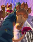  2022 4_fingers 4_toes absurd_res anthro barefoot bat blockman3_(artist) blue_bottomwear blue_clothing blue_pants bottomwear building city claws clothed clothing digital_media_(artwork) feet fingers foot_focus hi_res imminent_stomp irvine_(technoplatypus) looking_at_viewer low-angle_view macro male mammal micro pants pawpads paws skyscraper soles solo stomping stop_light toes topless topless_anthro topless_male 