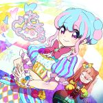  3girls :3 aikatsu!_(series) aikatsu_stars! animal_hands blue_hair blue_skirt bow bowtie character_signature commentary_request cowboy_shot donut_hair_bun double_bun dutch_angle frilled_sleeves frills furrowed_brow glaring gloves hair_bun hanazono_kirara idol_clothes looking_at_another looking_at_viewer moudoku_(decopon3rd) multicolored_hair multiple_girls nanakura_koharu own_hands_together paw_gloves pink_bow pink_bowtie pink_hair puffy_short_sleeves puffy_sleeves purple_eyes s4_uniform saotome_ako short_sleeves sidelocks skirt solo_focus standing steepled_fingers two-tone_hair yurie_mouth 