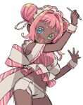  1girl absurdres bare_shoulders blue_eyes blush braid braided_hair_rings breasts commentary_request dark-skinned_female dark_skin double_bun green_eyes hair_bun hair_intakes hair_rings highres holding large_breasts looking_at_viewer maid_headdress medium_hair navel_peek open_mouth original pink_hair pink_shirt shirt shorts simple_background smile solo stomach striped_clothes striped_shirt sukoyaka_(100hituzi) thighs white_background white_shorts white_wrist_cuffs wrist_cuffs 