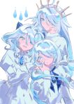  3girls ahoge blue_bow blue_eyes blue_gem blue_hair bow closed_mouth commentary_request crown dress furina_(genshin_impact) furina_(old_design)_(genshin_impact) gem genshin_impact hair_bow hand_up highres juliet_sleeves long_hair long_sleeves looking_at_viewer low_twintails matomaaaa multiple_girls open_mouth prototype_design puffy_sleeves smile twintails very_long_hair white_bow white_dress white_hair 