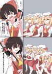  5girls absurdres ascot azumayoriko blonde_hair blush bow brown_hair clenched_hands clone collared_shirt commentary_request detached_sleeves flandre_scarlet four_of_a_kind_(touhou) frilled_bow frilled_hair_tubes frills gaijin_4koma_(meme) gohei hair_bow hair_tubes hakurei_reimu hat hat_ribbon highres holding holding_gohei kneehighs long_hair mary_janes meme mob_cap multiple_girls open_mouth puffy_short_sleeves puffy_sleeves red_bow red_eyes red_shoes red_skirt red_vest ribbon shirt shoes short_sleeves skirt skirt_set smile socks touhou translation_request vest white_hat white_shirt white_socks wings yellow_ascot 
