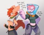 2025 anthro aquatic biped blush blush_lines breasts canid canine clothed clothed_anthro clothed_female clothing clothing_pull cybernetic_leg cybernetic_limb dialogue digital_drawing_(artwork) digital_media_(artwork) duo english_description english_text eyebrow_through_hair eyebrows female fennec_fox fish fox fur hair hand_on_hip hi_res koraru_koi mammal midriff motion_lines navel orange_hair orange_tail pink_body pink_hair rexyseven rusty_gears scarf shark shirt sweater tail tan_body tan_fur tank_top text topwear topwear_pull translucent translucent_hair true_fox under_boob
