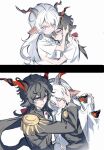  2boys absurdres animal_ears arknights black_hair black_jacket closed_eyes commentary ebenholz_(arknights) epaulettes frown fuyao_(kafeiwww) glaring goat_boy goat_ears goat_horns hand_on_another's_head highres horns jacket kreide_(arknights) long_hair looking_at_viewer male_focus material_growth multiple_boys oripathy_lesion_(arknights) protecting purple_eyes shirt simple_background sketch upper_body white_background white_hair white_jacket white_shirt yaoi 
