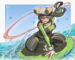 asui_tsuyu blue_sky bodysuit boku_no_hero_academia border breasts closed_mouth commentary flippers frog_girl frog_tongue gloves goggles goggles_on_head green_bodysuit green_eyes hair_between_eyes hat highres lily_pad long_hair long_tongue looking_at_viewer medium_breasts multicolored_bodysuit outside_border shitakara4 sky squatting tongue twitter_username very_long_tongue visor_cap water water_drop white_border white_gloves white_hat 