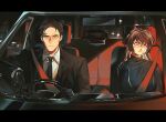  1boy 1girl bailey_(degrees_of_lewdity) bailey_(male)_(degrees_of_lewdity) bandaid black_gloves black_hair black_jacket black_necktie black_sweater bleeding blood breasts brown_hair bruise bruise_on_face car car_interior chinese_commentary closed_mouth collared_shirt commentary_request degrees_of_lewdity demon_horns dirty dirty_face dress_shirt driving frown furrowed_brow gloves green_eyes hair_over_shoulder hair_slicked_back head_tilt highres horns huge_breasts injury jacket leather leather_gloves letterboxed long_hair looking_ahead looking_to_the_side motor_vehicle necktie night nosebleed player_character_(degrees_of_lewdity) player_character_(female)_(degrees_of_lewdity) purple_eyes purple_horns scar scratches seatbelt serious shirt short_hair sidelighting sidelocks sitting steering_wheel suit suit_jacket sweater tsurime turtleneck turtleneck_sweater upper_body white_shirt wing_collar xinjinjumin516084919933 