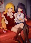  2girls absurdres ahoge black_pantyhose blonde_hair blue_eyes blunt_bangs bow breasts cake cake_slice cigarette cigarette_pack cleavage collared_shirt colored_inner_hair commentary couch crossed_legs eating elfe_art english_commentary food fork formal_clothes green_eyes hair_between_eyes hair_bow high_heels highres holding holding_cigarette holding_fork holding_plate indoors kneehighs large_breasts long_hair long_sleeves looking_at_viewer medium_breasts mouth_hold multicolored_hair multiple_girls nail_polish neck_ribbon on_couch open_mouth panty_&amp;_stocking_with_garterbelt panty_(psg) pantyhose pencil_skirt pink_hair plate purple_hair red_nails red_skirt ribbon shirt siblings sisters sitting skirt smoke smoking socks stocking_(psg) suit two-tone_hair utensil_in_mouth very_long_hair white_shirt 