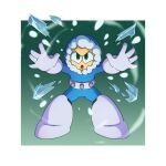  1boy belt blowing blue_coat border coat commentary english_commentary full_body fur-trimmed_hood fur_coat fur_trim glaring gloves green_background green_eyes highres hood ice ice_man looking_at_viewer mega_man_(classic) mega_man_(series) mega_man_1 open_mouth outside_border screaming simple_background solo toastiepumpkin two-tone_background white_background white_belt white_border white_gloves wind 