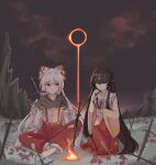  2girls absurdres armor bamboo_print blindfold_mask bonfire_(dark_souls) bow bowtie branch brown_capelet brown_hair capelet chinese_commentary closed_mouth collared_shirt commentary_request cosplay dark_souls_(series) dark_souls_iii english_commentary fire_keeper fire_keeper_(cosplay) frilled_shirt_collar frills fujiwara_no_mokou grey_hair hair_bow highres houraisan_kaguya jeweled_branch_of_hourai kneeling long_hair long_skirt mask mixed-language_commentary multiple_girls multiple_hair_bows ofuda ofuda_on_clothes outdoors pants pauldrons pink_shirt planted planted_sword print_skirt red_eyes red_pants shirt shoulder_armor single_pauldron sitting skirt smile suspenders sword touhou very_long_hair weapon white_bow white_bowtie white_shirt wide_sleeves zheng_(pixiv_101593236) 