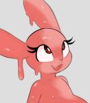 2023 ambiguous_gender anthro arteficialtrees eyelashes goo_creature grey_background lagomorph long_ears looking_up mammal nude open_mouth pink_body red_eyes shaded simple_background solo tongue 