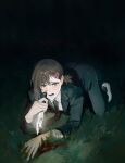  1girl all_fours black_necktie blood blood_on_face blush brown_hair chainsaw_man collared_shirt commentary crying crying_with_eyes_open english_commentary grass hair_ornament hairclip higashiyama_kobeni highres holding holding_knife knife looking_at_viewer mole mole_on_cheek mole_under_eye mole_under_mouth multiple_moles mymzi necktie open_mouth ponytail shirt short_hair short_ponytail single_sidelock solo sweat tears white_shirt 
