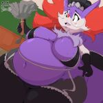  2023 anthro belly big_belly big_breasts braixen breasts clothing digital_media_(artwork) eyelashes eyewear female fur garuda_six generation_6_pokemon glasses hi_res huge_hips huge_thighs legwear maid_uniform navel nintendo obese obese_anthro obese_female overweight overweight_anthro overweight_female pokemon pokemon_(species) purple_body purple_fur solo thick_thighs thigh_highs uniform wide_hips 