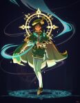  1boy androgynous aqua_gem aqua_hair baggy_shorts beret black_background black_bow black_bowtie black_corset black_hair bow bowtie braid brown_shoes cape closed_mouth collared_cape commentary corset feathers flower full_body gem genshin_impact gradient_hair green_cape green_eyes green_hat green_shorts hair_between_eyes half-closed_eyes halo halo_behind_head hat hat_flower hat_ornament highres jewelry leaf_hat_ornament long_sleeves looking_afar magic magic_circle male_focus multicolored_hair on_magic_circle pantyhose pendant pom_pom_(clothes) puffy_long_sleeves puffy_sleeves reesart shirt shoes short_hair shorts simple_background solo standing standing_on_magic_circle striped_bow striped_bowtie striped_clothes twin_braids two-sided_cape two-sided_fabric two-tone_hair untranslatable_commentary venti_(genshin_impact) vision_(genshin_impact) white_feathers white_pantyhose white_shirt yellow_cape yellow_flower yellow_halo 
