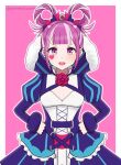  1girl :d artist_name blue_dress blunt_bangs border breasts cleavage commentary_request cross-laced_clothes cross-laced_dress dress facial_mark fire_emblem fire_emblem_engage folded_twintails fur_wrist_cuffs hair_flaps hair_rings hands_on_own_hips heart heart_facial_mark highres hortensia_(fire_emblem) looking_at_viewer multicolored_hair multicolored_tiara open_mouth pink_background pink_eyes pink_hair sidelocks small_breasts smile solo striped_clothes striped_dress summer3cucumber two-tone_hair vertical-striped_clothes vertical-striped_dress white_border wrist_cuffs 