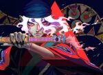  1boy absurdres bandana black_bandana black_nails commentary_request eyeshadow facepaint fingernails gekijouban_mononoke hair_between_eyes highres hikimayu holding holding_sword holding_weapon japanese_clothes kusuriuri_(gekijouban_mononoke) long_bangs long_fingernails long_hair makeup male_focus mokumokuren_(mokmok_len) mononoke nail_polish official_art pointy_ears second-party_source sharp_fingernails solo sword sword_of_exorcism upper_body weapon white_hair yellow_eyes 