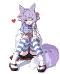  1girl absurdres ahoge animal_ears bike_shorts bike_shorts_under_skirt blue_eyes choon_sik2 commentary cone_hair_bun double_bun fang fluffy_tail fox_ears fox_girl fox_tail hair_bun hair_ornament hair_rings heart heterochromia highres korean_commentary kosode long_hair looking_at_viewer open_mouth pom_pom_(clothes) pom_pom_hair_ornament purple_hair purple_tail shirt simple_background socks_over_thighhighs solo stellive tail tenko_shibuki two-tone_tail virtual_youtuber white_background yellow_eyes 