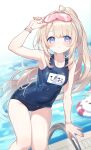  1girl absurdres adjusting_eyewear ahoge arm_up armpits blonde_hair blue_eyes blue_one-piece_swimsuit blurry blurry_background blush bracelet breasts collarbone commentary commission covered_navel feet_out_of_frame goggles goggles_on_head hair_intakes hand_on_eyewear highres hiraga_matsuri indie_virtual_youtuber innertube jewelry leaning_forward long_hair looking_at_viewer name_tag old_school_swimsuit one-piece_swimsuit outdoors parted_lips ponytail pool poolside school_swimsuit sidelocks skeb_commission small_breasts solo standing swim_goggles swim_ring swimsuit thigh_gap thighs translated virtual_youtuber water yukinoshita_peo 