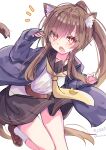  1girl absurdres animal_ear_fluff animal_ears black_sailor_collar black_skirt blue_jacket brown_eyes brown_hair cat_ears cat_girl cat_tail commentary crescent crescent_hair_ornament crescent_pin fumizuki_(kancolle) fumizuki_kai_ni_(kancolle) hair_ornament highres hizaka jacket kantai_collection kemonomimi_mode long_hair long_sleeves neckerchief necktie one-hour_drawing_challenge open_mouth paw_pose pleated_skirt ponytail sailor_collar school_uniform serafuku shirt skirt smile solo tail twitter_username white_background white_shirt yellow_neckerchief yellow_necktie 