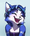 2026 anthro blue_body blue_fur blue_hair breasts canid canine chilllum circlet clothing eyebrows eyelashes eyes_closed female fox fur hair krystal_(star_fox) mammal nintendo open_mouth open_smile portrait smile solo star_fox white_body white_fur