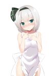  1girl 9150namihana absurdres apron bangs black_hairband blush closed_mouth cowboy_shot green_eyes grey_hair hairband highres konpaku_youmu looking_at_viewer naked_apron short_hair simple_background solo standing touhou white_apron white_background 