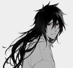  1boy alternate_universe bleach closed_mouth commentary_request dress_shirt from_side highres konetaa kurosaki_ichigo long_hair looking_at_viewer looking_to_the_side male_focus quincy_(bleach) red_eyes saigo_no_getsuga_tenshou shirt simple_background solo upper_body white_background 