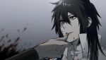 1boy 1other alternate_universe black_hair bleach blood blood_on_face blood_on_wall commentary_request finger_in_another's_mouth hair_between_eyes highres konetaa kurosaki_ichigo long_hair looking_ahead male_focus quincy_(bleach) red_eyes saigo_no_getsuga_tenshou solo_focus teeth 