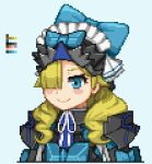  1girl armor asymmetrical_bangs black_armor blonde_hair blue_armor blue_background blue_eyes blue_trim blush_stickers commentary_request fire_emblem fire_emblem_engage frilled_headwear hair_over_one_eye lowres madeline_(fire_emblem) medium_hair nenerune pixel_art smile solo two-tone_headwear upper_body 