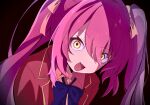  1girl advanced_nurturing_high_school_uniform amasawa_ichika black_background blazer blue_bow blue_bowtie bow bowtie cibarinka collared_shirt commentary_request crazy_eyes hair_between_eyes hair_bow highres jacket lapels long_hair looking_at_viewer notched_lapels open_mouth orange_bow orange_eyes orange_shirt red_hair red_jacket school_uniform shirt simple_background solo twintails wing_collar youkoso_jitsuryoku_shijou_shugi_no_kyoushitsu_e 