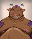 anthro belly big_belly bodily_fluids bovid bovine brown_body brown_fur cattle facial_piercing fur hair hi_res horn male mammal moobs musclegut muscular nipple_piercing nipples nose_piercing nose_ring overweight overweight_male piercing purple_eyes purple_hair raivenderouthelion ring_piercing solo sweat