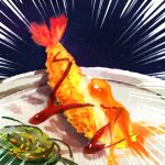  cerea commentary_request emphasis_lines food food_focus food_request lowres no_humans original plate sauce shrimp shrimp_tempura tempura 