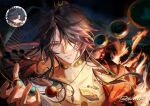  1boy absurdres beads blade_(honkai:_star_rail) collarbone commentary curtained_hair facial_mark fire forehead_mark gold_trim hair_over_one_eye hand_up highres honkai:_star_rail honkai_(series) jewelry long_hair mortenax_blade_(emberblaze)_(honkai:_star_rail) mortenax_blade_(honkai:_star_rail) necklace official_alternate_costume official_alternate_hairstyle official_art_inset open_clothes orange_eyes signature tatonxry upper_body 