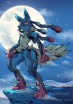  1other artist_name black_hair closed_mouth cloud commentary_request furry hakata_no_kuma highres lucario mega_lucario mega_pokemon moon multicolored_hair other_focus pokemon pokemon_(creature) pokemon_focus red_eyes red_hair sky solo spikes standing two-tone_hair 