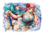  1girl breasts cleavage flower hair_flower hair_ornament japanese_clothes long_hair official_art one_piece one_piece_treasure_cruise pink_hair ponytail revealing_clothes solo sword weapon 