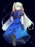  1boy arm_at_side black_background black_eyes black_gloves black_pantyhose black_shirt blue_bow blue_bowtie blue_skirt bow bowtie brooch center_frills crossdressing crossdressing_(mtf) eyepatch feet_out_of_frame frilled_gloves frilled_shirt_collar frilled_skirt frills gloves griffin_stewart hand_up highres jewelry long_hair looking_at_viewer male_focus medical_eyepatch mitsudomoe_koubou_(series) oshi_no_taisetsuna_hito_ni_narikawaru pantyhose ptpttakosan puffy_short_sleeves puffy_sleeves shirt short_sleeves skirt solo two_side_up very_long_hair 