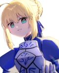  1girl absurdres ahoge aqua_eyes armor artoria_pendragon_(fate) backlighting blonde_hair blue_bow blue_dress bow braid braided_bun breastplate commentary_request cropped_torso dress fate/stay_night fate_(series) gauntlets hair_between_eyes hair_bow hair_bun hand_up highres juliet_sleeves long_sleeves looking_at_viewer male_focus muryo_55555 puffy_sleeves saber_(fate) short_hair sidelocks simple_background smile solo sparkle teeth upper_body white_armor white_background 