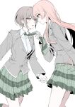  2girls absurdres bang_dream! bang_dream!_it's_mygo!!!!! blush chihaya_anon closed_mouth clothes_grab collared_shirt commentary_request eye_contact green_necktie green_skirt grey_eyes grey_hair grey_jacket highres jacket looking_at_another multiple_girls necktie necktie_grab neckwear_grab open_mouth pink_eyes pink_hair plaid_clothes plaid_skirt pleated_skirt shirt short_hair simple_background skirt smile suudori sweatdrop takamatsu_tomori white_background white_shirt yuri 