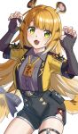  1girl animal_ear_fluff animal_ears blonde_hair bow claw_pose colored_inner_hair commentary_request cowboy_shot fingerless_gloves gloves green_eyes hands_up high-waist_shorts highres jacket ju_fufu kuro_emimi long_hair looking_at_viewer multicolored_hair open_mouth shirt shorts simple_background smile solo striped_fur striped_hair tail tail_bow tail_ornament thigh_strap tiger_ears tiger_girl tiger_stripes tiger_tail white_background white_hair yellow_jacket zenless_zone_zero 