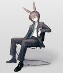  1girl absurdres alternate_costume amiya_(arknights) animal_ears arknights between_legs black_jacket black_pants black_shoes blazer blue_eyes blue_necktie brown_hair chair chinese_commentary commentary_request dress_shoes formal_clothes grey_background hair_between_eyes hand_between_own_legs highres jacket jewelry lapels light_smile long_hair long_sleeves multiple_rings necktie on_chair open_clothes open_jacket pants parted_lips rabbit_ears rabbit_girl ring shirt shoes simple_background sitting solo suit_pants white_shirt yanque 