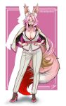  1girl absurdres alternate_hair_color animal_ears belt black_choker blonde_hair bracelet breasts capelet choker cleavage commentary contrapposto english_commentary eyeliner fate/grand_order fate_(series) fox_ears fox_tail full_body hands_on_own_hips high_heels highres huge_breasts jewelry koyanskaya_(fate) large_tail long_hair makeup mature_female multicolored_hair necklace open_mouth pants pink_belt pink_hair pink_shoes plunging_neckline red_eyeliner red_nails ring romulproduce semi-rimless_eyewear shoes signature smile solo streaked_hair tail two-tone_hair under-rim_eyewear very_long_hair watch white_capelet white_pants wristwatch yellow_eyes 
