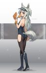  1girl animal_ears arknights asicah ass bare_shoulders black_pantyhose blue_boots boots bracelet character_name clothing_cutout commentary eating food from_behind full_body grani_(arknights) grey_hair hip_vent holding holding_food horse_ears horse_girl horse_tail hot_dog jewelry knee_boots leotard long_hair looking_at_viewer looking_back one-piece_swimsuit pantyhose ponytail purple_eyes solo standing swimsuit tail tail_through_clothes visor_cap 