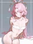  1girl arm_support arms_behind_back blush bow-shaped_hair bra breasts chui_art closed_mouth commentary english_commentary feixianji_(hairstyle) forehead_jewel fu_xuan_(honkai:_star_rail) grey_background groin hair_ornament hair_rings hair_stick highres honkai:_star_rail honkai_(series) looking_at_viewer low_twintails navel paid_reward_available panties parted_bangs pink_eyes pink_hair revision sitting small_breasts solo stomach twintails underwear underwear_only white_bra white_panties 