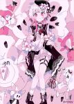  1girl artist_name beret black_choker black_coat black_hat black_shoes cake cake_slice character_doll choker coat collared_coat commentary_request crossed_arms doll flower flower-trimmed_shorts flower-trimmed_sleeves food foopy frilled_socks frills gradient_hair hair_flower hair_ornament hat hat_flower hat_ribbon highres long_sleeves looking_at_viewer lying mahou_shoujo_no_majo_saiban multicolored_hair neck_ribbon o-ring o-ring_thigh_strap pink_eyes pink_hair pink_theme plate puffy_sleeves ribbon sakuraba_ema shirt shoes short_hair signature socks solo stuffed_animal stuffed_cat stuffed_toy thigh_strap watermark white_hair white_ribbon white_shirt white_sleeves white_socks x_hair_ornament 