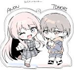  2girls acrylic_stand_(object) bang_dream! bang_dream!_it's_mygo!!!!! blue_hoodie blush chihaya_anon commentary_request dress fang grey_dress grey_eyes grey_hair highres hood hoodie long_hair looking_at_viewer multiple_girls one_eye_closed open_mouth pinafore_dress pink_eyes pink_hair plaid_clothes plaid_dress shirt short_hair simple_background sleeveless sleeveless_dress smile suudori takamatsu_tomori translation_request two-tone_hoodie white_background white_shirt yellow_hoodie 