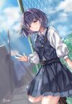  1girl absurdres against_fence black_overskirt black_vest blue_ribbon blue_skirt chain-link_fence commentary_request dress_shirt fence gakuen_idolmaster hataya_misuzu hatsuboshi_gakuen_school_uniform highres idolmaster looking_at_viewer neck_ribbon outdoors pleated_skirt purple_eyes purple_hair ribbon sakura_no_ha school_uniform shirt short_hair signature skirt skirt_set solo vest white_shirt 
