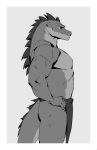  2024 anthro back_ridge biped border bottomwear closed_smile clothed clothed_anthro clothed_male clothing countershade_face countershade_neck countershade_tail countershade_torso countershading digital_drawing_(artwork) digital_media_(artwork) dorsal_ridge grey_background greyscale hand_on_hip hand_on_own_hip head_ridge hi_res kingarthur_i lizard loincloth loincloth_only looking_aside male monochrome mouth_closed portrait pose reptile scalie side_view simple_background smile snout solo tail tail_ridge three-quarter_portrait topless topless_anthro topless_male white_border 