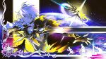  1boy armor black_gloves blue_eyes border dill_257 fingerless_gloves from_side gloves hair_between_eyes halo highres holding holding_sword holding_weapon honkai:_star_rail honkai_(series) huge_weapon male_focus ornate_border pauldrons phainon_(a_dream_scented_in_wheat)_(honkai:_star_rail) phainon_(flame_reaver)_(honkai:_star_rail) phainon_(honkai:_star_rail) phainon_(khaslana)_(honkai:_star_rail) short_hair shoulder_armor single_pauldron solo sun_halo sword weapon white_hair 