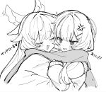  2girls alternate_costume anger_vein braid braided_base bun_with_braided_base closed_eyes columbina_(genshin_impact) commentary_request genshin_impact greyscale hair_bun hair_ornament hairclip head_wings heads_together highres hug long_hair long_sidelocks long_sleeves monochrome multiple_girls multiple_wings sandrone_(genshin_impact) scarf shared_clothes shared_scarf short_hair_with_long_locks sidelocks smile sweater translation_request watari_0208 wing_hair_ornament wings 