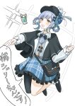  1girl asymmetrical_legwear bag bird_hat_ornament black_bag black_capelet black_hat black_shoes black_thighhighs blue_hair blue_necktie blue_skirt bow braid braided_hair_rings capelet checkered_clothes checkered_skirt collared_shirt commentary_request deerstalker full_body hair_bow hair_rings hat hat_ribbon highres jumping layered_skirt long_hair long_sleeves mahou_shoujo_no_majo_saiban mumesan2 necktie ribbon shirt shoes short_hair simple_background single_thighhigh skirt solo speech_bubble tachibana_sherry thighhighs very_long_hair white_background yellow_eyes 