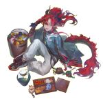  1boy absurdres arknights bead_bracelet beads bento black_shoes blue_eyes blue_jacket blush bracelet chopsticks colored_extremities commentary dragon_bean_(arknights) dragon_boy dragon_horns dragon_tail hair_between_eyes highres holding holding_chopsticks horns jacket jewelry long_hair looking_at_viewer open_mouth pants ponytail red_hair red_hands shoes simgak sneakers solo tail white_pants yu_(arknights) 
