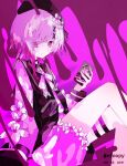  1girl absurdres artist_name beret black_choker black_coat black_hat choker closed_mouth coat collared_coat commentary flower flower-trimmed_shorts flower-trimmed_sleeves foopy gradient_hair hair_flower hair_ornament hat hat_flower hat_ribbon highres holding holding_phone long_sleeves looking_at_viewer mahou_shoujo_no_majo_saiban multicolored_hair neck_ribbon phone pink_background pink_eyes pink_hair puffy_sleeves ribbon sakuraba_ema shirt short_hair signature sitting solo thigh_strap untranslatable_commentary watermark white_hair white_ribbon white_shirt white_sleeves x_hair_ornament 